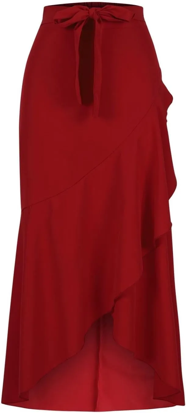 Womens Ruffle Wrap Maxi Skirt Flare High Waist Asymmetrical Hem Elegant Beach with Slit Flowy Pleated Midi Skirt