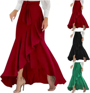 Womens Ruffle Wrap Maxi Skirt Flare High Waist Asymmetrical Hem Elegant Beach with Slit Flowy Pleated Midi Skirt