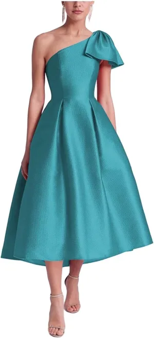 Womens Satin One Shoulder Evening Dress with Pockets Tea Length Prom Gowns for Women A Line Wedding Guest Dress