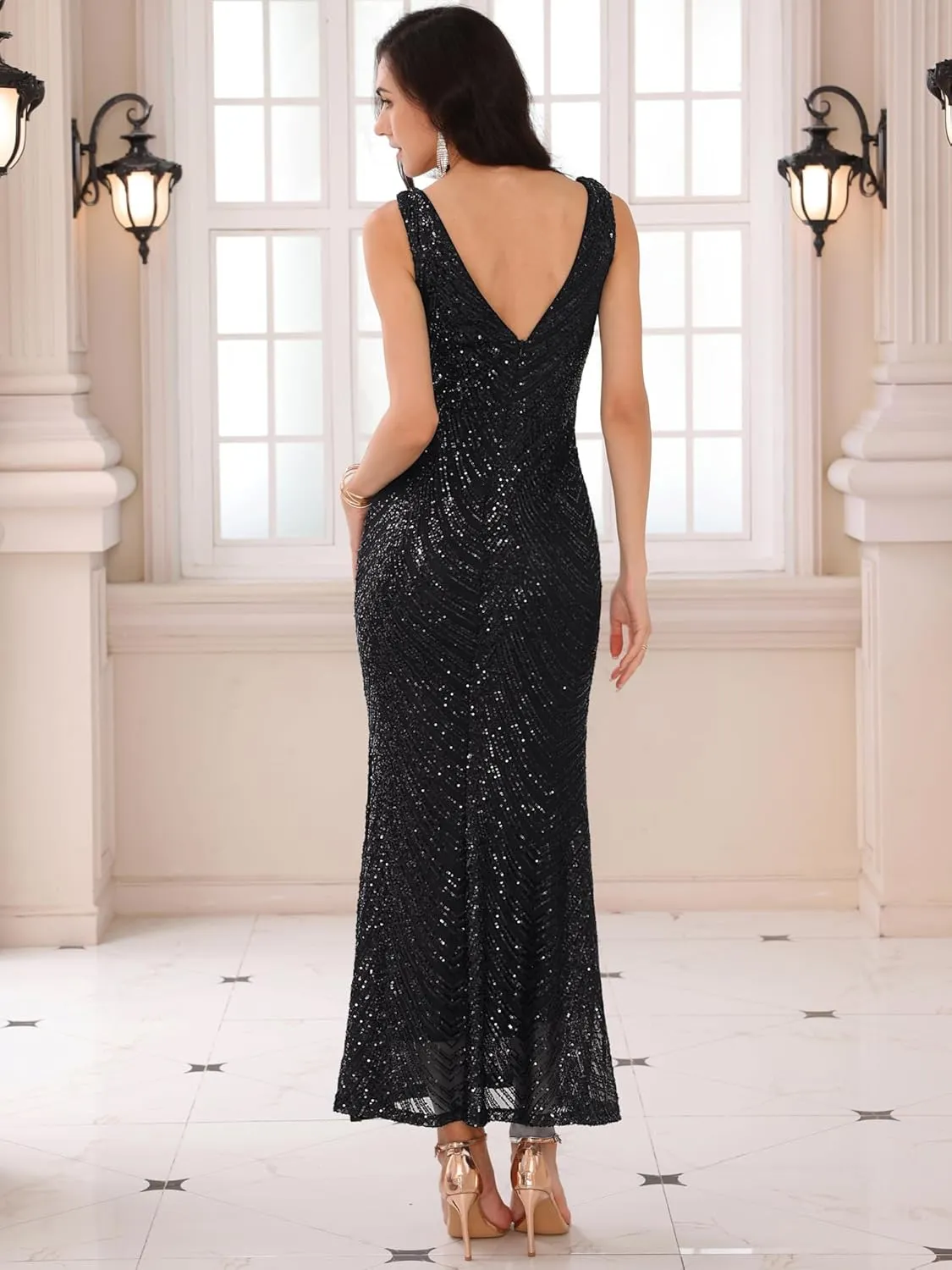 Women's Sequin Evening Dress V Neck Sleeveless Cocktail Maxi Gown Dresses