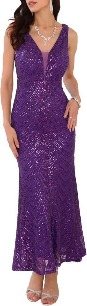 Women's Sequin Evening Dress V Neck Sleeveless Cocktail Maxi Gown Dresses