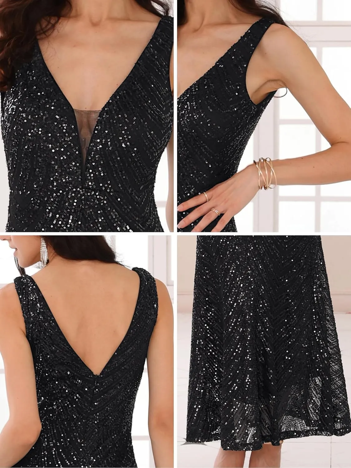 Women's Sequin Evening Dress V Neck Sleeveless Cocktail Maxi Gown Dresses
