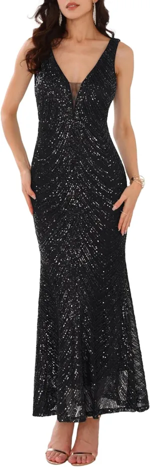 Women's Sequin Evening Dress V Neck Sleeveless Cocktail Maxi Gown Dresses