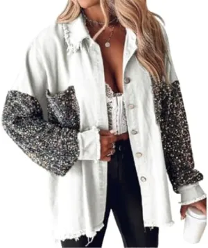 Women's Sequin Patchwork Long Sleeve Jacket Top,Denim Patchwork Sequin Jackets,Multicolor Sequin Patchwork Coat