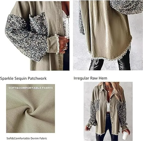 Women's Sequin Patchwork Long Sleeve Jacket Top,Denim Patchwork Sequin Jackets,Multicolor Sequin Patchwork Coat