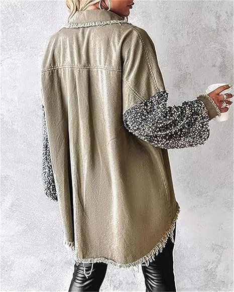 Women's Sequin Patchwork Long Sleeve Jacket Top,Denim Patchwork Sequin Jackets,Multicolor Sequin Patchwork Coat
