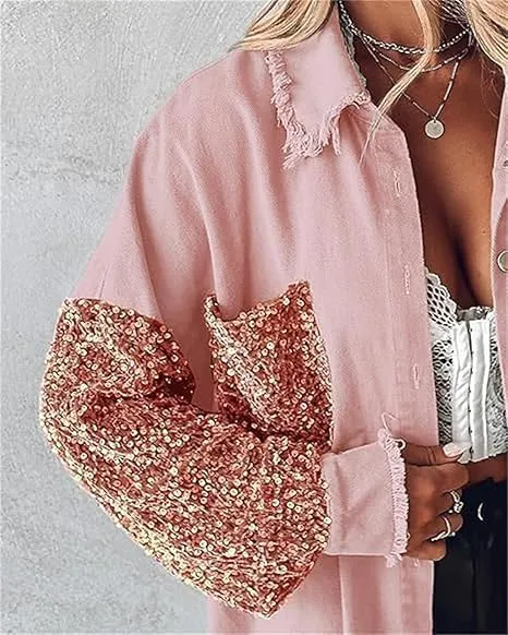 Women's Sequin Patchwork Long Sleeve Jacket Top,Denim Patchwork Sequin Jackets,Multicolor Sequin Patchwork Coat