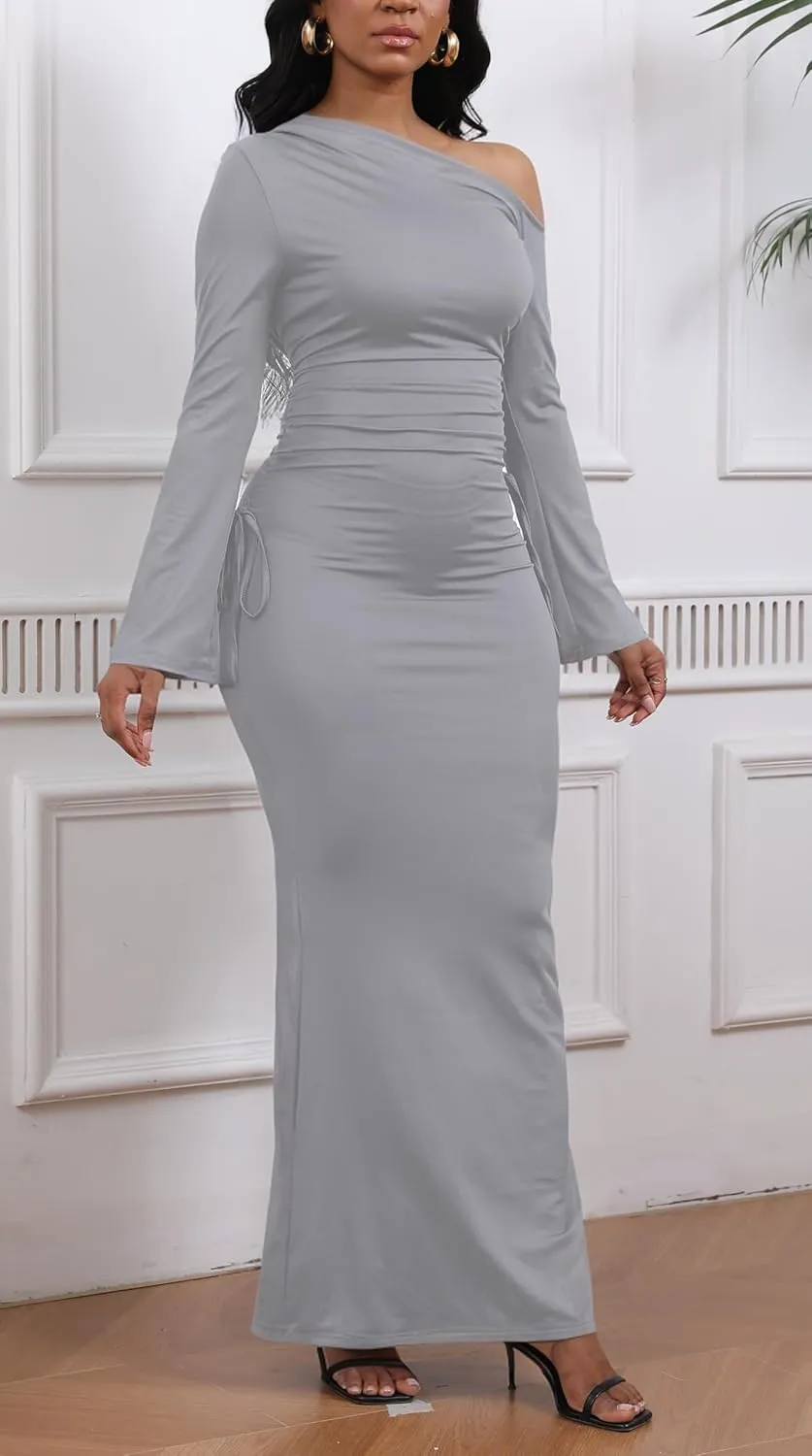 Women's Sexy Bodycon One Shoulder Long Sleeve Ruffle Maxi Club Party Cocktail Long Dress