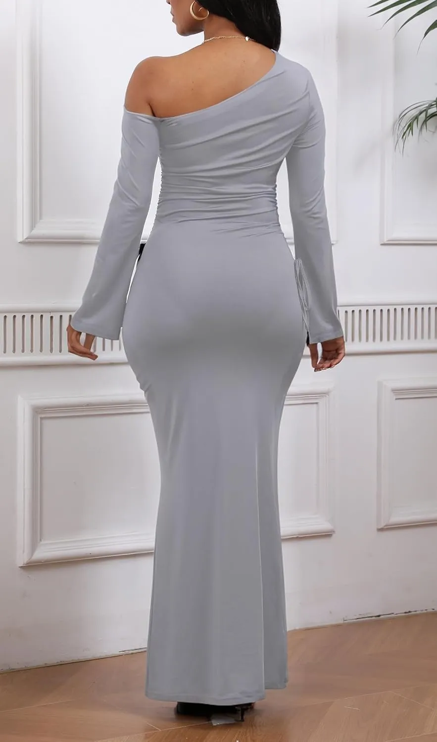 Women's Sexy Bodycon One Shoulder Long Sleeve Ruffle Maxi Club Party Cocktail Long Dress
