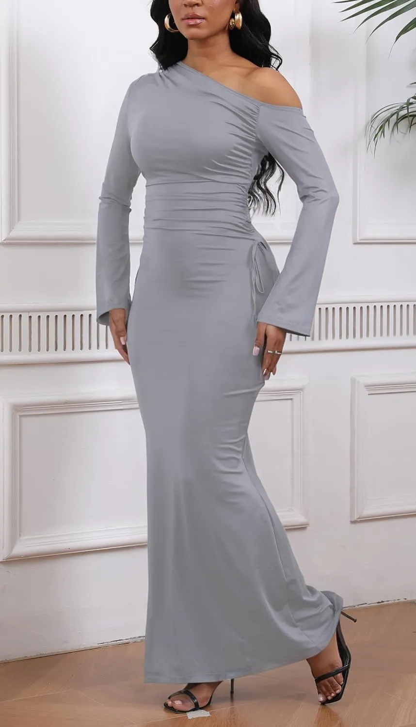 Women's Sexy Bodycon One Shoulder Long Sleeve Ruffle Maxi Club Party Cocktail Long Dress