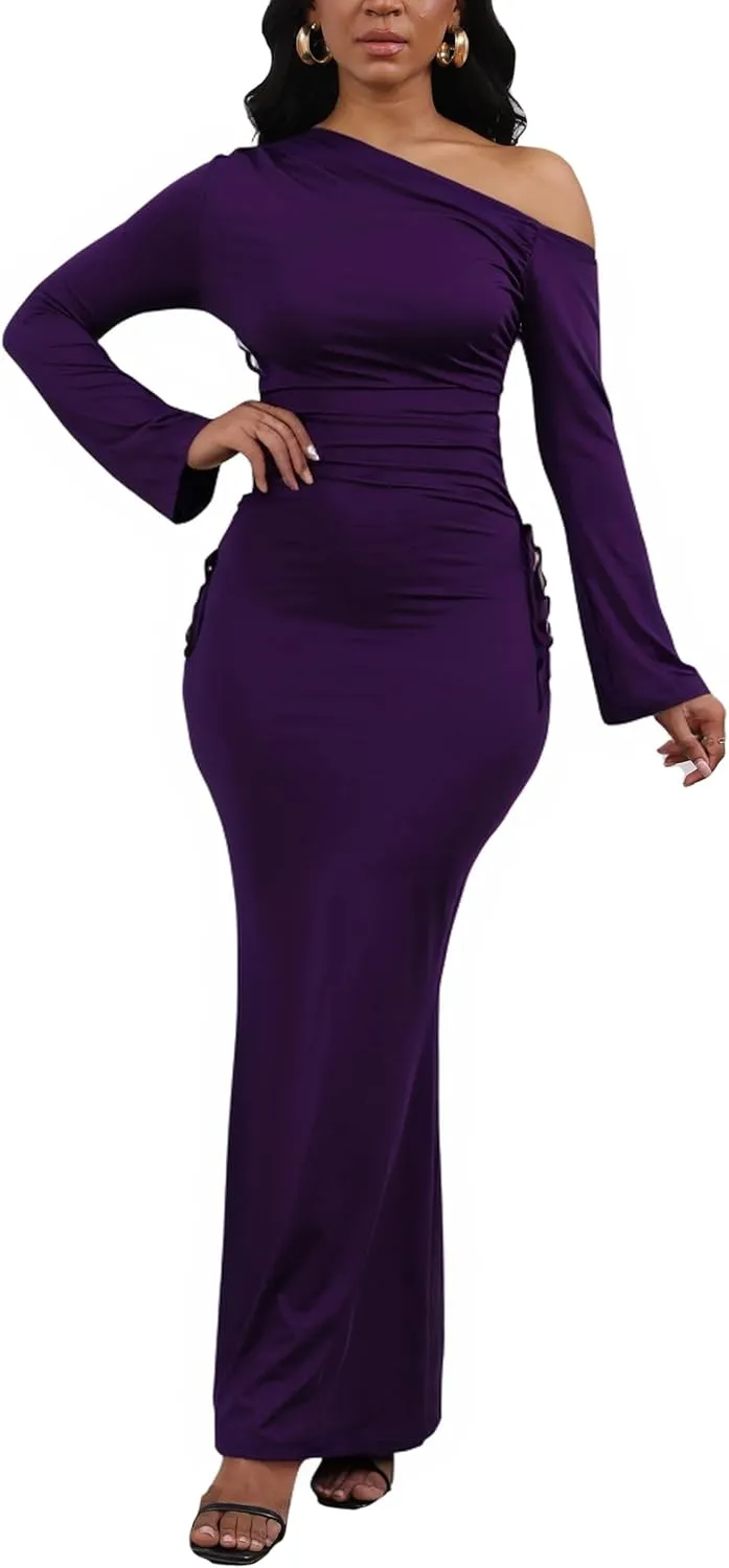 Women's Sexy Bodycon One Shoulder Long Sleeve Ruffle Maxi Club Party Cocktail Long Dress