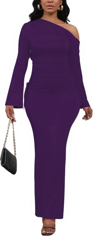 Women's Sexy Bodycon One Shoulder Long Sleeve Ruffle Maxi Club Party Cocktail Long Dress
