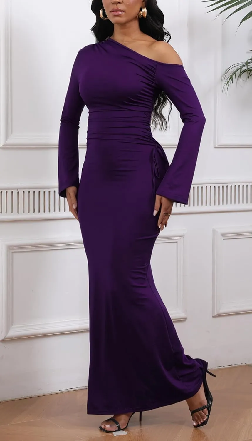 Women's Sexy Bodycon One Shoulder Long Sleeve Ruffle Maxi Club Party Cocktail Long Dress