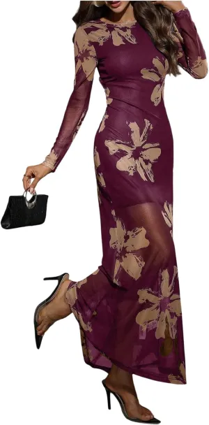 Women's Sexy Floral Dress Elegant Sheer Mesh Long Sleeve Crew Neck Maxi Bodycon Dresses