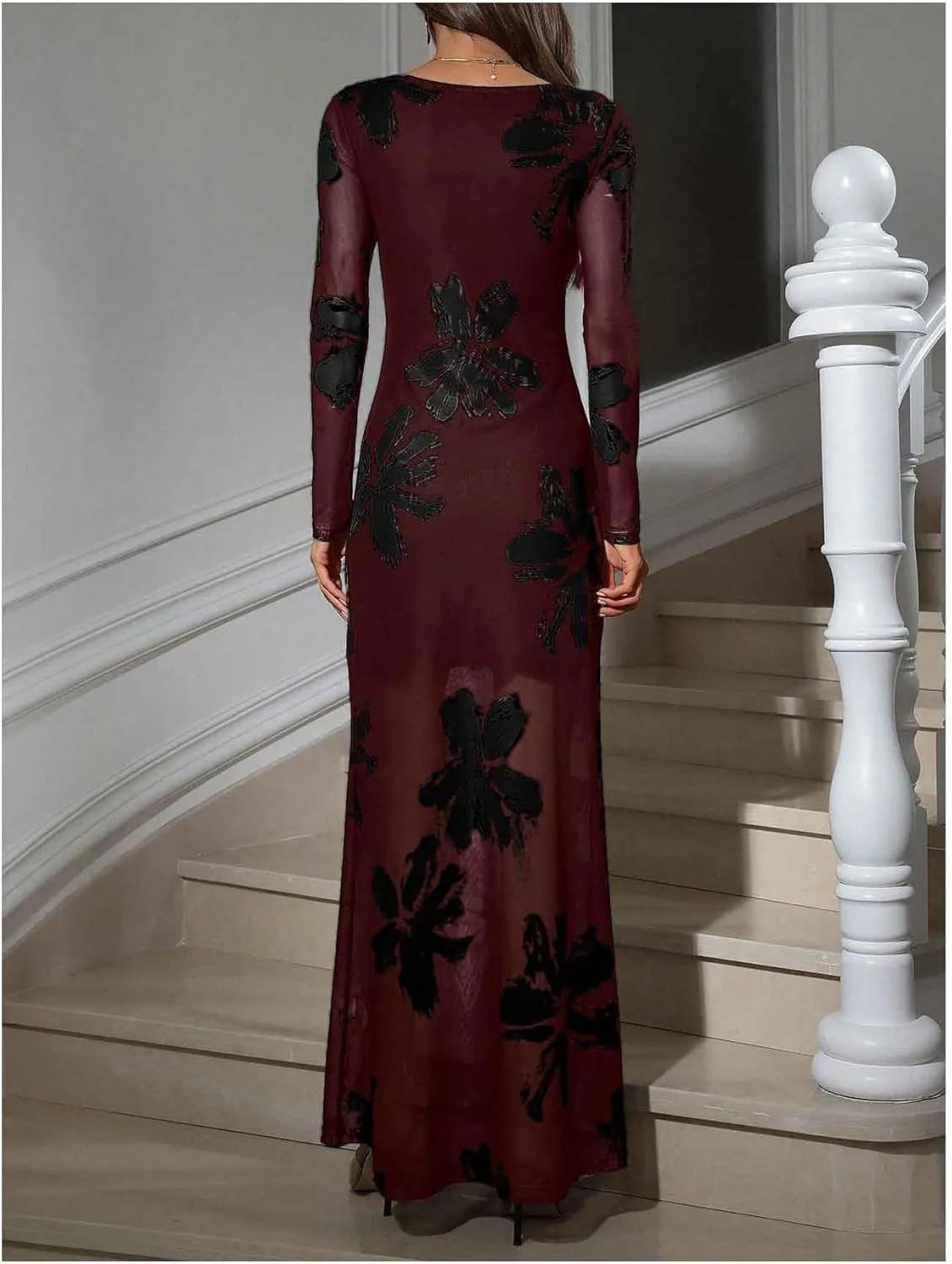 Women's Sexy Floral Dress Elegant Sheer Mesh Long Sleeve Crew Neck Maxi Bodycon Dresses