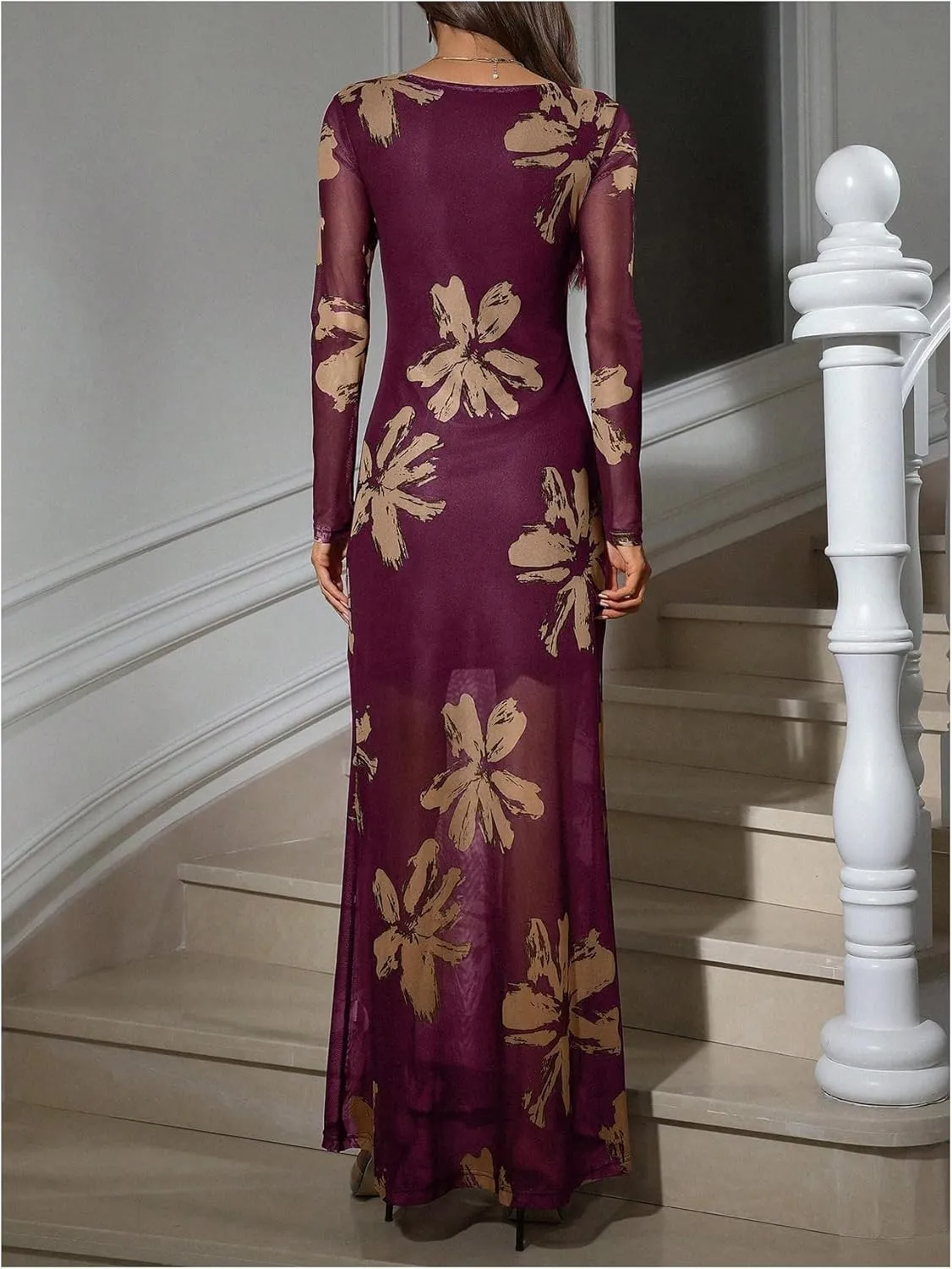 Women's Sexy Floral Dress Elegant Sheer Mesh Long Sleeve Crew Neck Maxi Bodycon Dresses