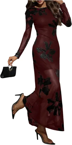 Women's Sexy Floral Dress Elegant Sheer Mesh Long Sleeve Crew Neck Maxi Bodycon Dresses