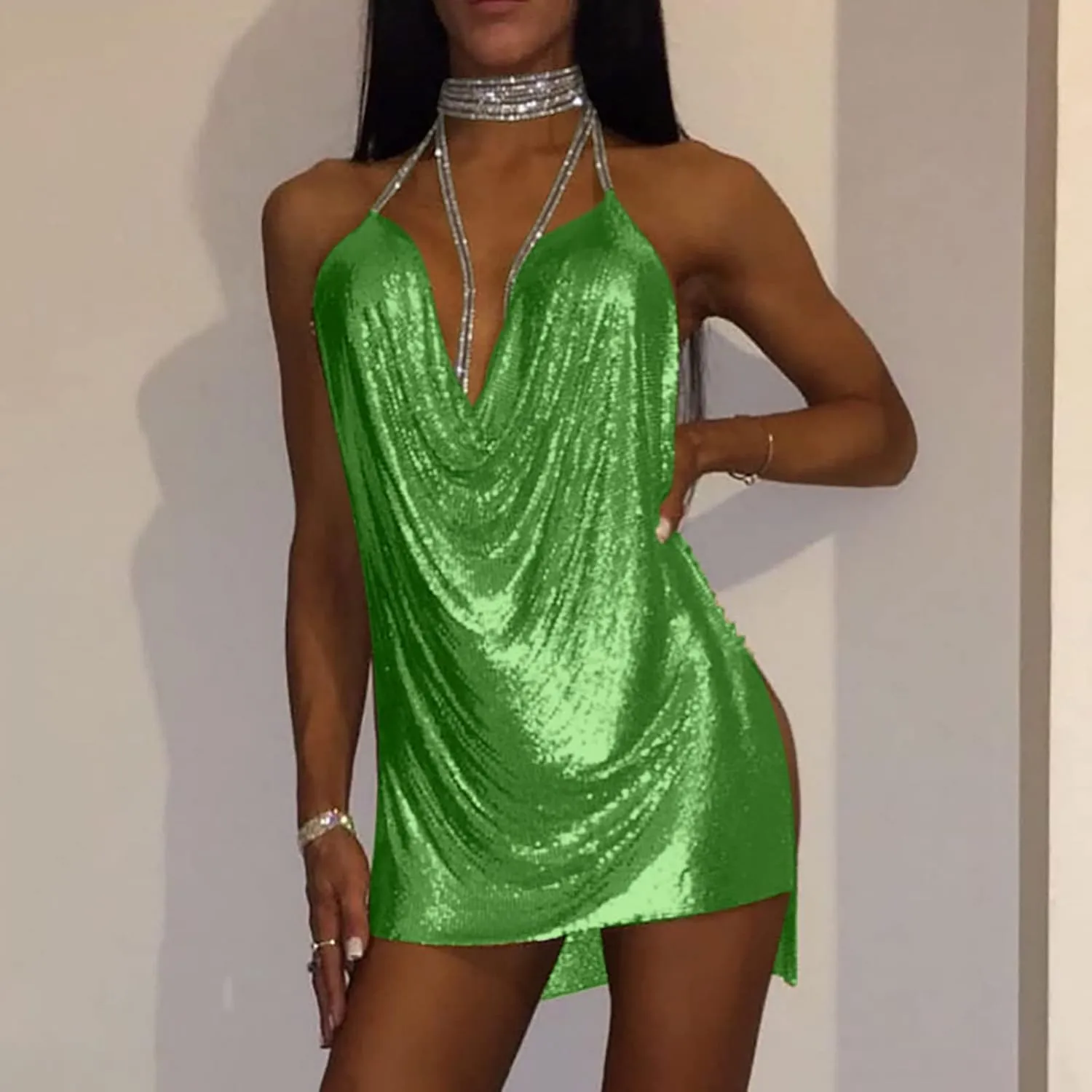 Womens Sexy Metallic Glitter Club Mini Dress Rhinestone Chain Halter Backless Slit Bodycon Party Nightout Dance Dress