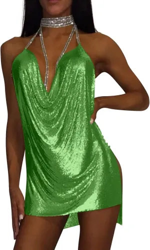 Womens Sexy Metallic Glitter Club Mini Dress Rhinestone Chain Halter Backless Slit Bodycon Party Nightout Dance Dress