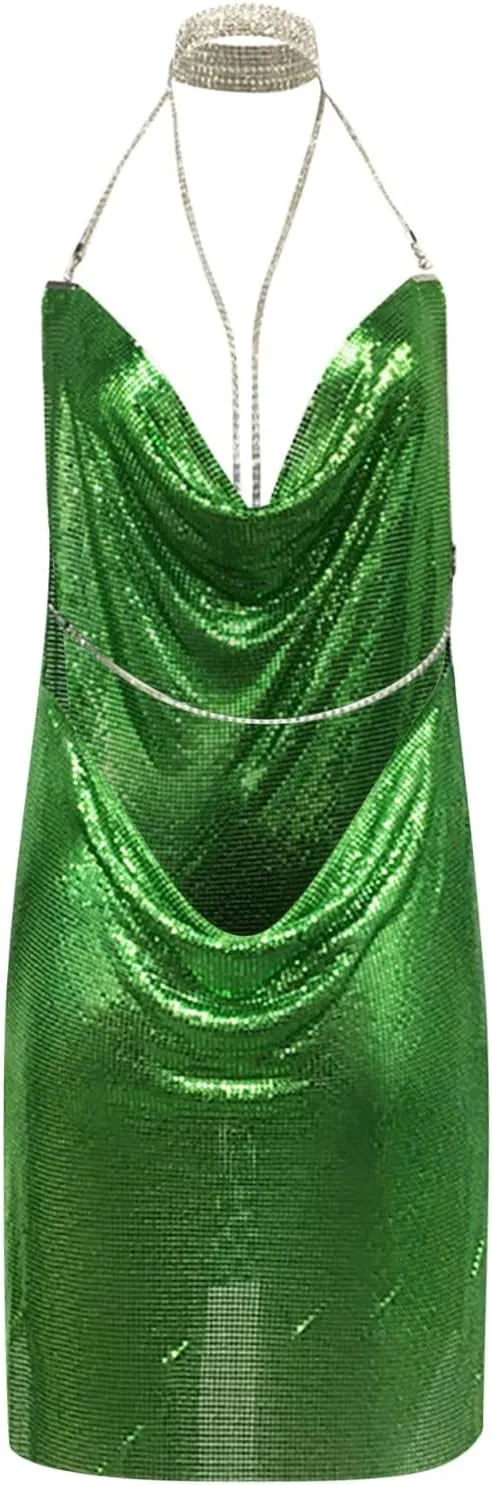 Womens Sexy Metallic Glitter Club Mini Dress Rhinestone Chain Halter Backless Slit Bodycon Party Nightout Dance Dress