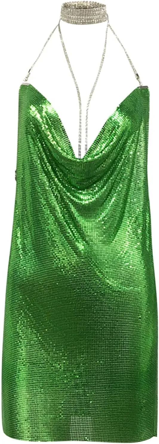 Womens Sexy Metallic Glitter Club Mini Dress Rhinestone Chain Halter Backless Slit Bodycon Party Nightout Dance Dress