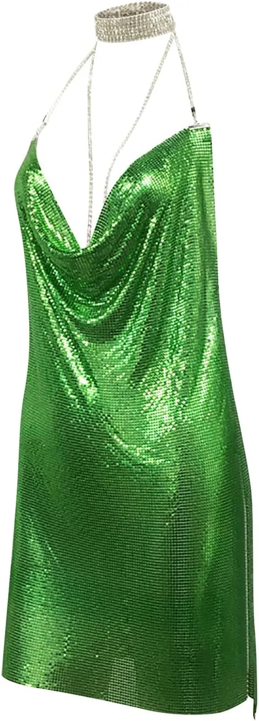 Womens Sexy Metallic Glitter Club Mini Dress Rhinestone Chain Halter Backless Slit Bodycon Party Nightout Dance Dress