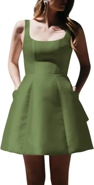 Women's Short Homecoming Dresses Sqaure Neck Satin Wedding Party Mini Cocktail Gowns with Bow Back
