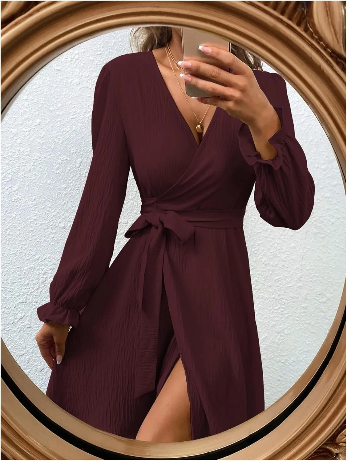 Women's Solid V Neck Belted Dress Long Sleeve Slit Wrap Dresses A Line Dress Mini Dress
