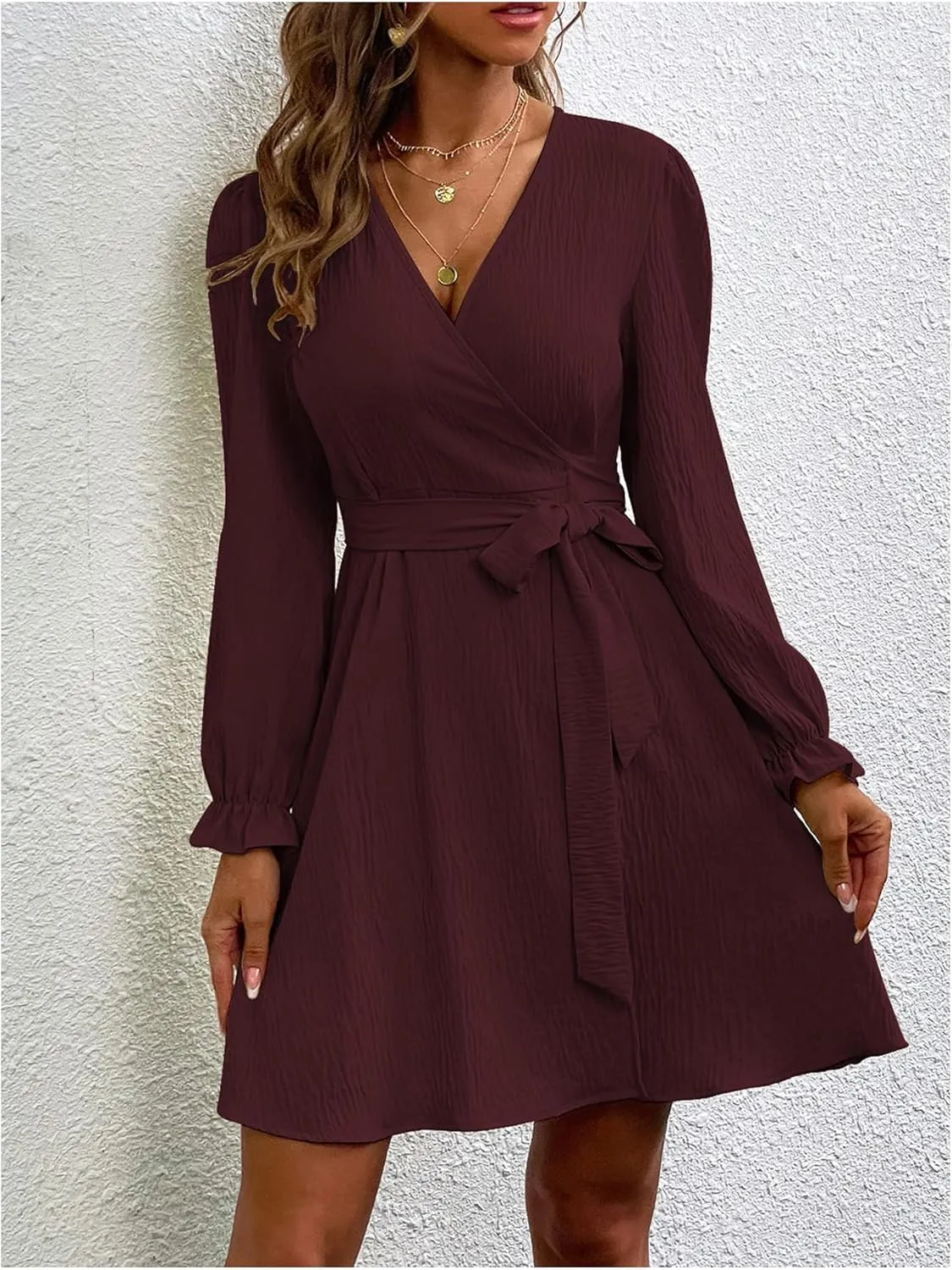 Women's Solid V Neck Belted Dress Long Sleeve Slit Wrap Dresses A Line Dress Mini Dress