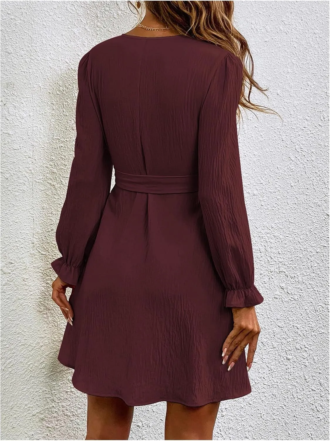 Women's Solid V Neck Belted Dress Long Sleeve Slit Wrap Dresses A Line Dress Mini Dress