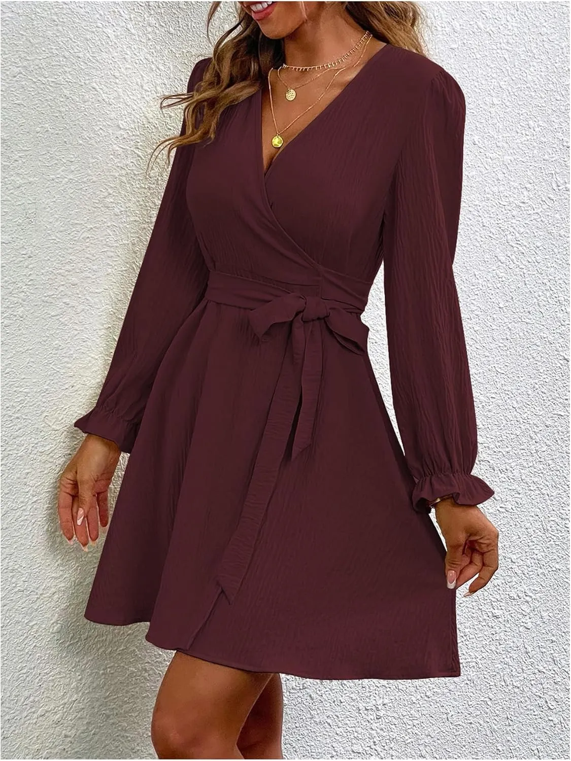Women's Solid V Neck Belted Dress Long Sleeve Slit Wrap Dresses A Line Dress Mini Dress
