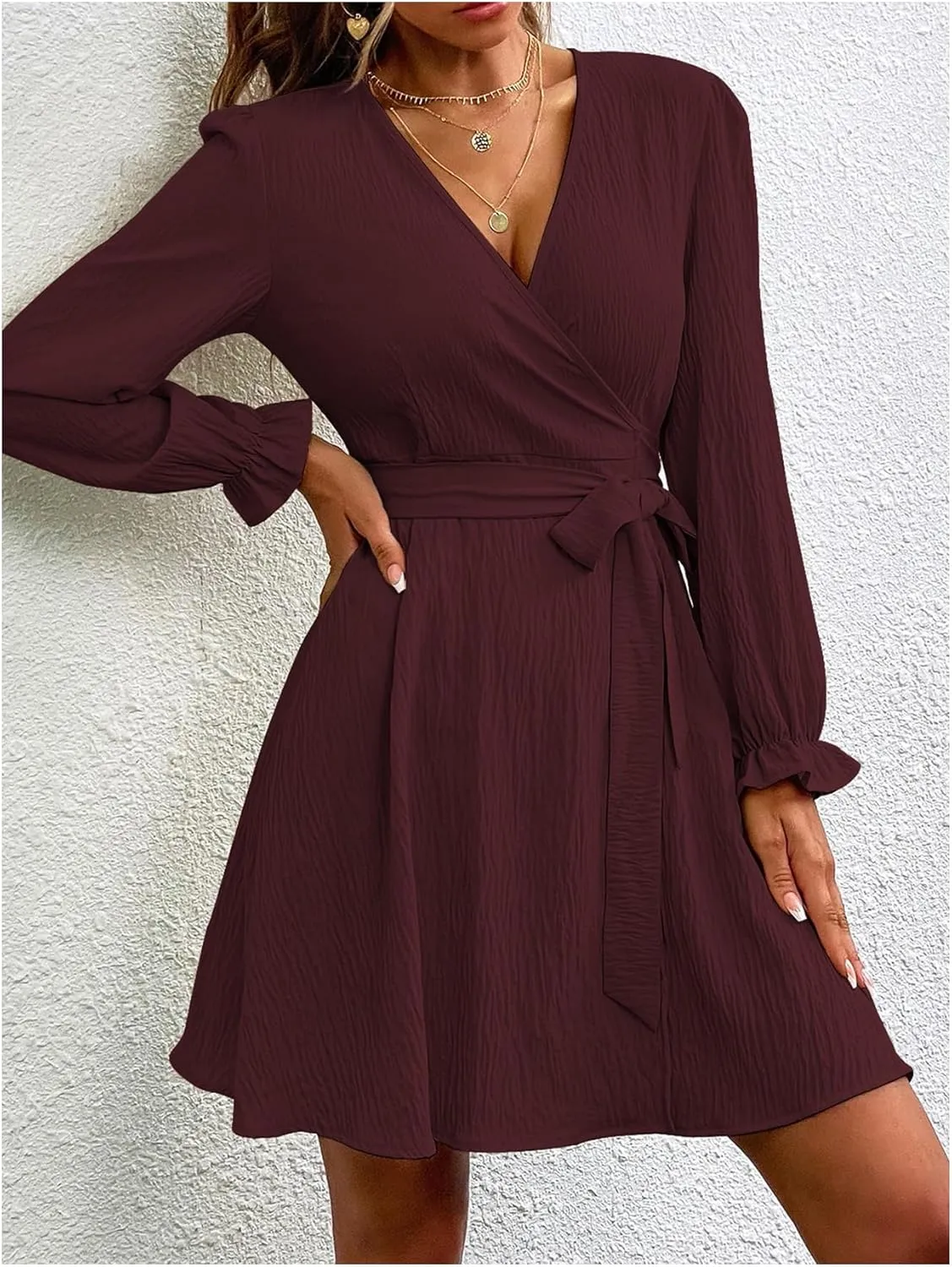 Women's Solid V Neck Belted Dress Long Sleeve Slit Wrap Dresses A Line Dress Mini Dress