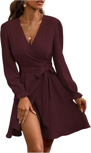 Women's Solid V Neck Belted Dress Long Sleeve Slit Wrap Dresses A Line Dress Mini Dress