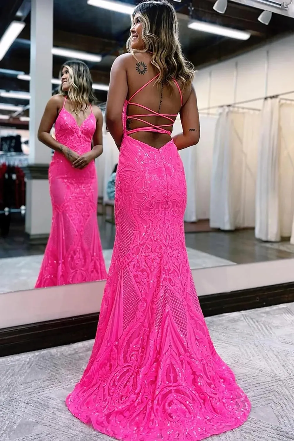 Women's Spaghetti Straps Sparkly Sequin Mermaid Prom Dresses Backless Long Formal Party Evening Gowns