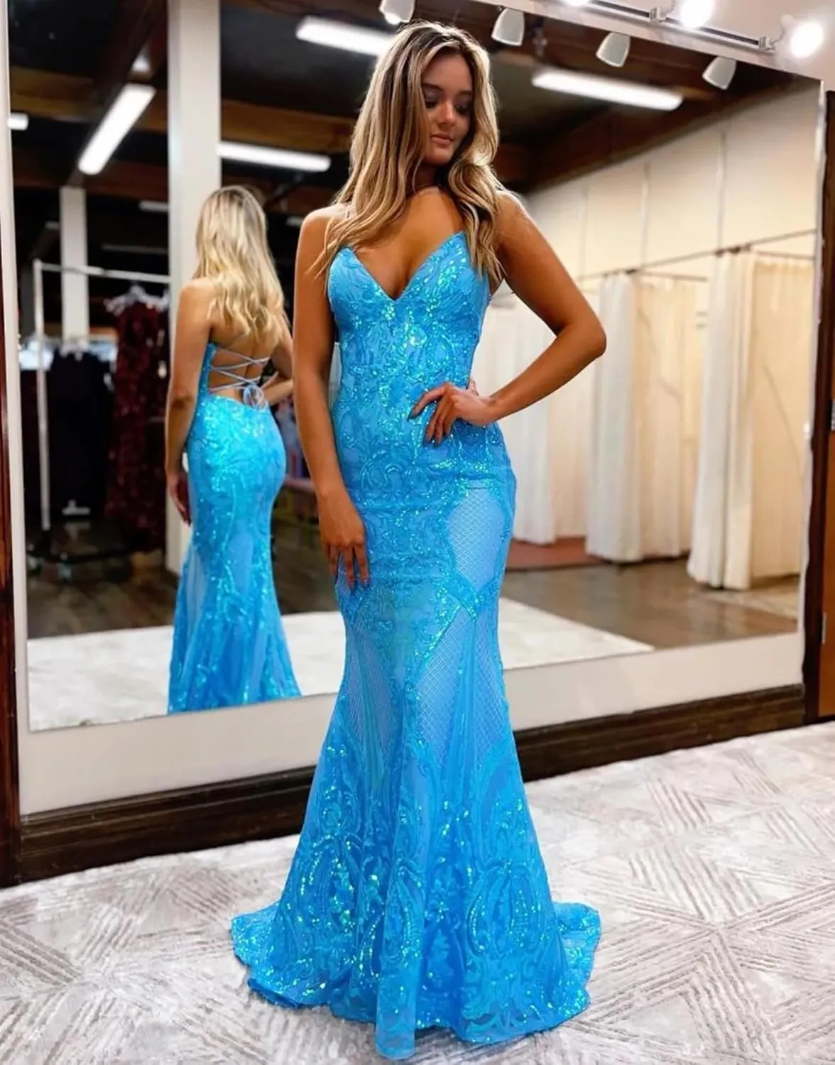 Women's Spaghetti Straps Sparkly Sequin Mermaid Prom Dresses Backless Long Formal Party Evening Gowns