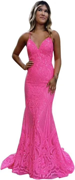 Women's Spaghetti Straps Sparkly Sequin Mermaid Prom Dresses Backless Long Formal Party Evening Gowns