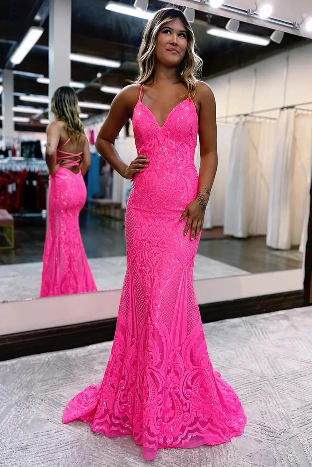 Women's Spaghetti Straps Sparkly Sequin Mermaid Prom Dresses Backless Long Formal Party Evening Gowns
