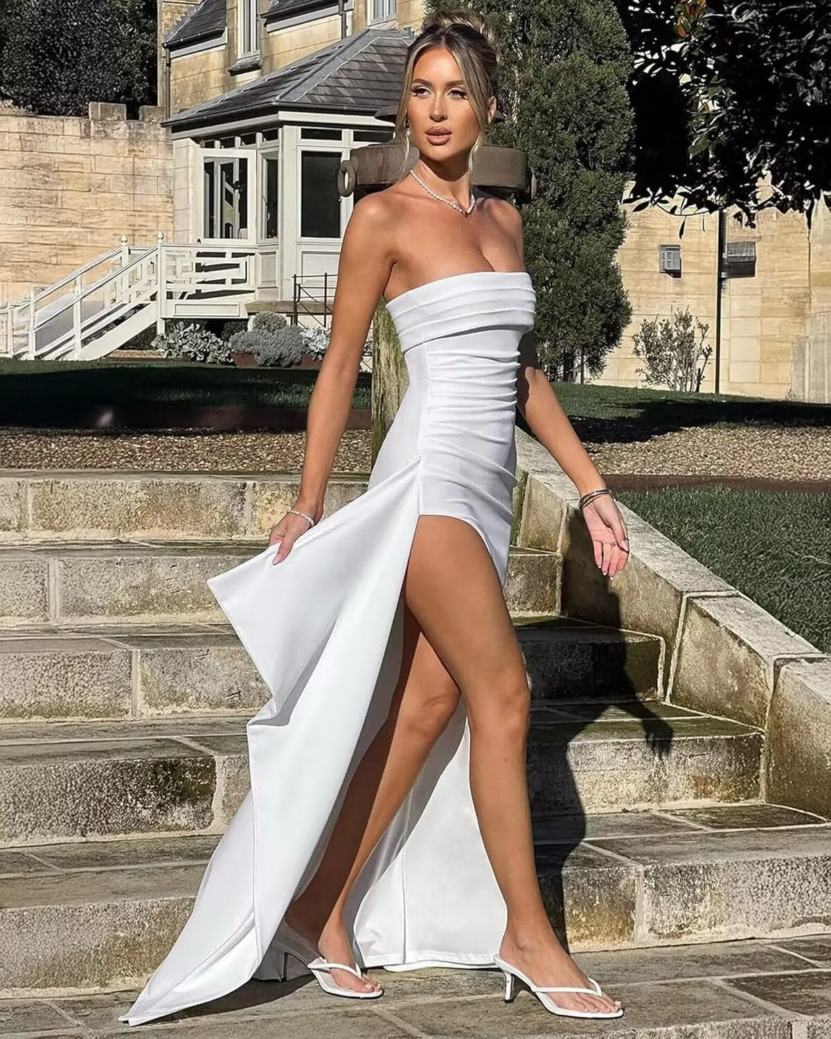 Women's Strapless Chiffon Prom Dresses Long with Slit Mermaid Corset Formal Party Dress VS165