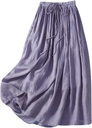 Women's Summer Cotton Linen Skirts Casual Tie Waist A-Line Long Flowy Skirt with Pockets Soft Lightweight Beach Skirt