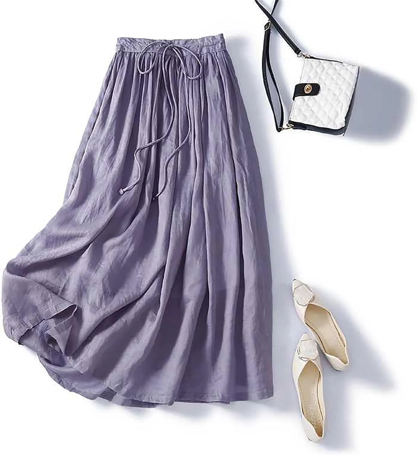 Women's Summer Cotton Linen Skirts Casual Tie Waist A-Line Long Flowy Skirt with Pockets Soft Lightweight Beach Skirt