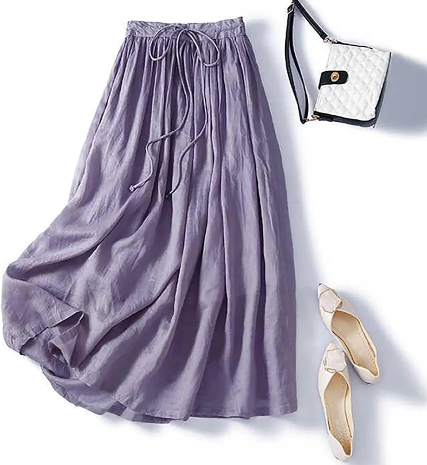 Women's Summer Cotton Linen Skirts Casual Tie Waist A-Line Long Flowy Skirt with Pockets Soft Lightweight Beach Skirt