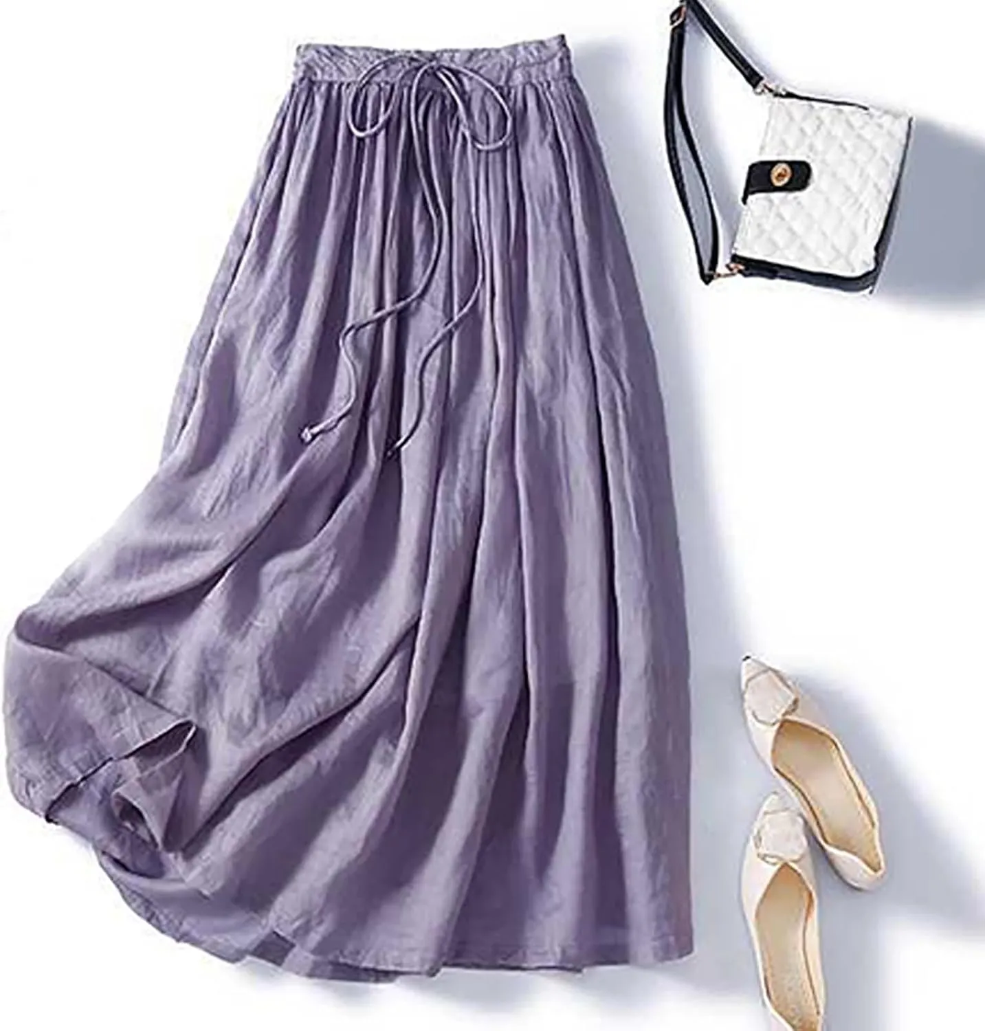 Women's Summer Cotton Linen Skirts Casual Tie Waist A-Line Long Flowy Skirt with Pockets Soft Lightweight Beach Skirt