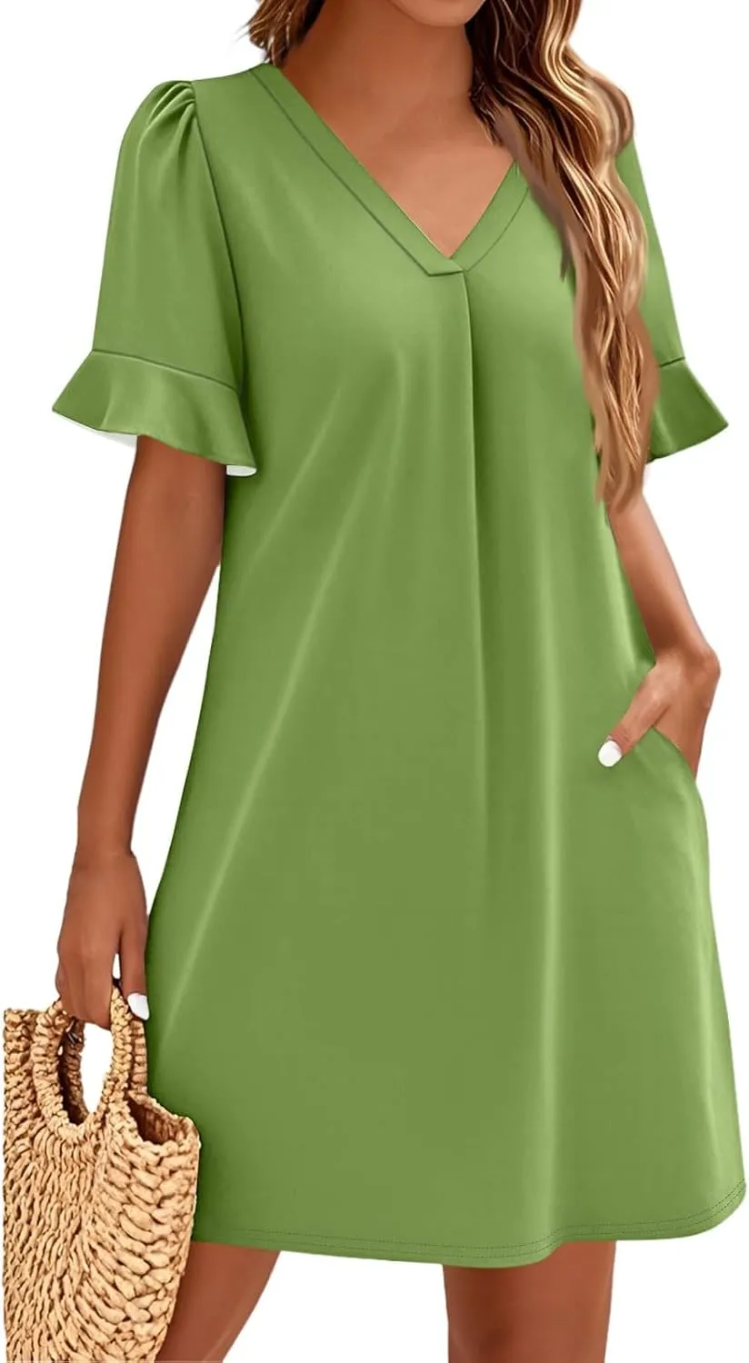 Womens Summer Dresses 2025 Loose Scoop Neck Ruffle Short Sleeve Sundresses Dress with Pockets