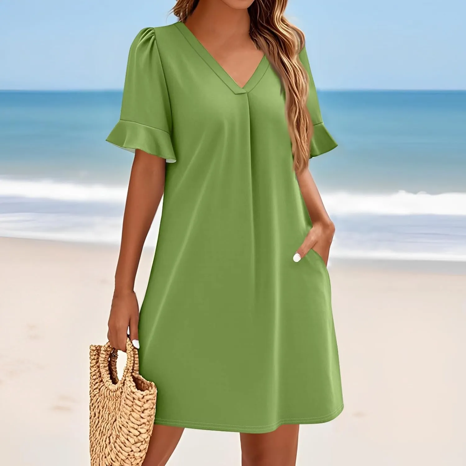 Womens Summer Dresses 2025 Loose Scoop Neck Ruffle Short Sleeve Sundresses Dress with Pockets