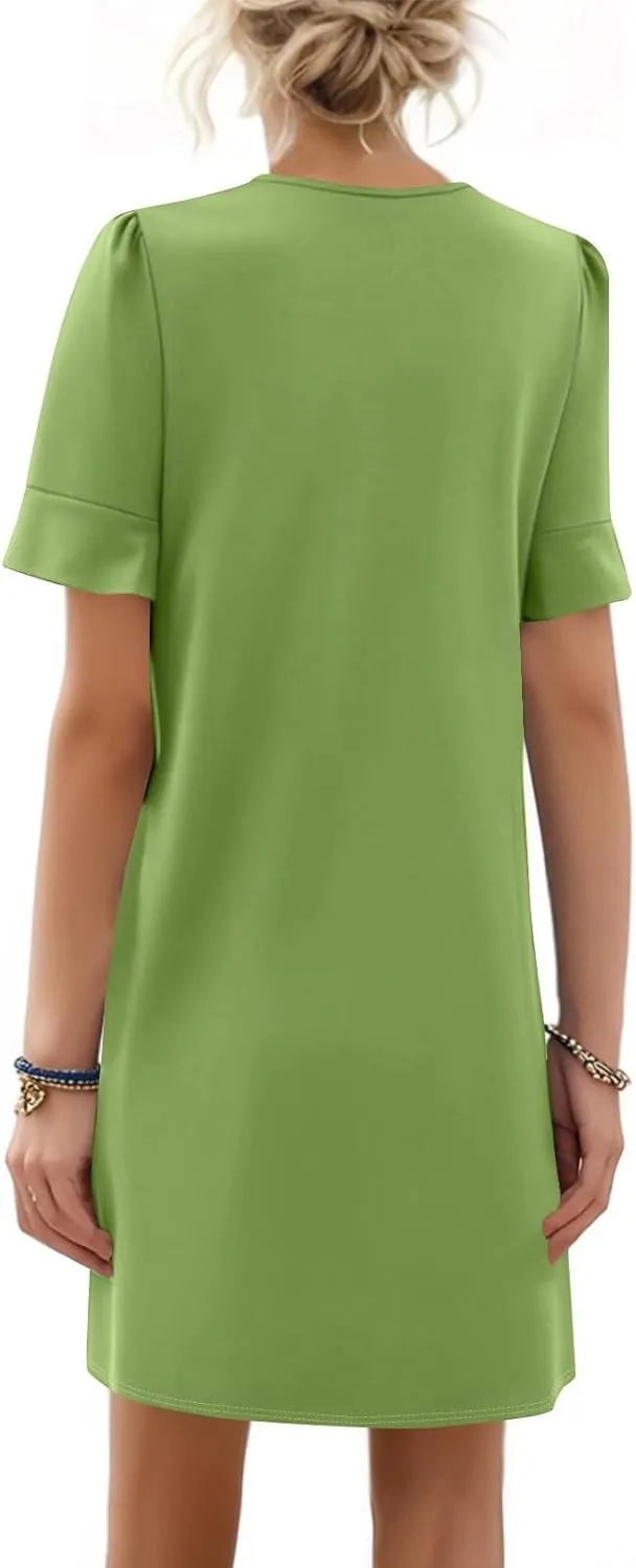 Womens Summer Dresses 2025 Loose Scoop Neck Ruffle Short Sleeve Sundresses Dress with Pockets