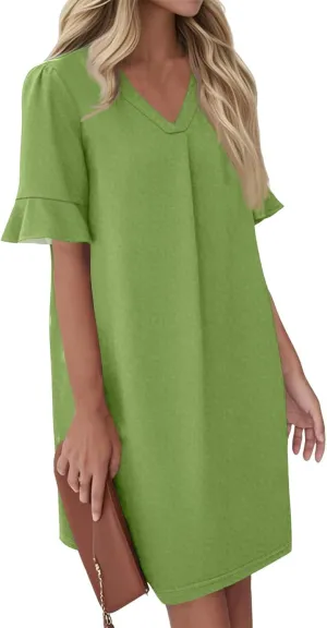 Womens Summer Dresses 2025 Loose Scoop Neck Ruffle Short Sleeve Sundresses Dress with Pockets