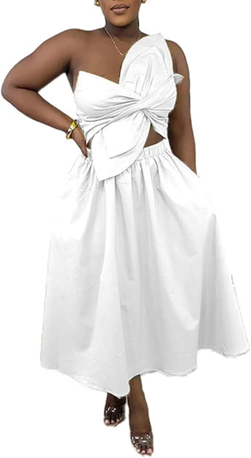 Women's Summer Dresses Sexy Sleeveless One Shoulder 3D Flower Ruched Bodycon Dress Cut Out A-Line Split Maxi Dresses