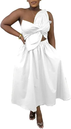 Women's Summer Dresses Sexy Sleeveless One Shoulder 3D Flower Ruched Bodycon Dress Cut Out A-Line Split Maxi Dresses