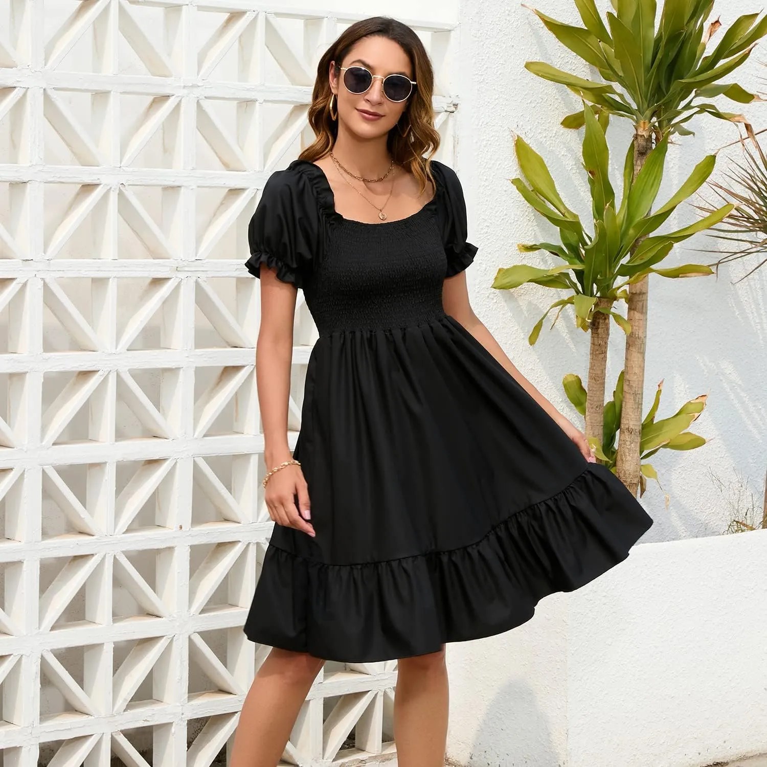 Women's Summer Dresses Square Neck Long Puff Sleeve Flowy A Line Casual Shirred Ruffle Mini Dresses
