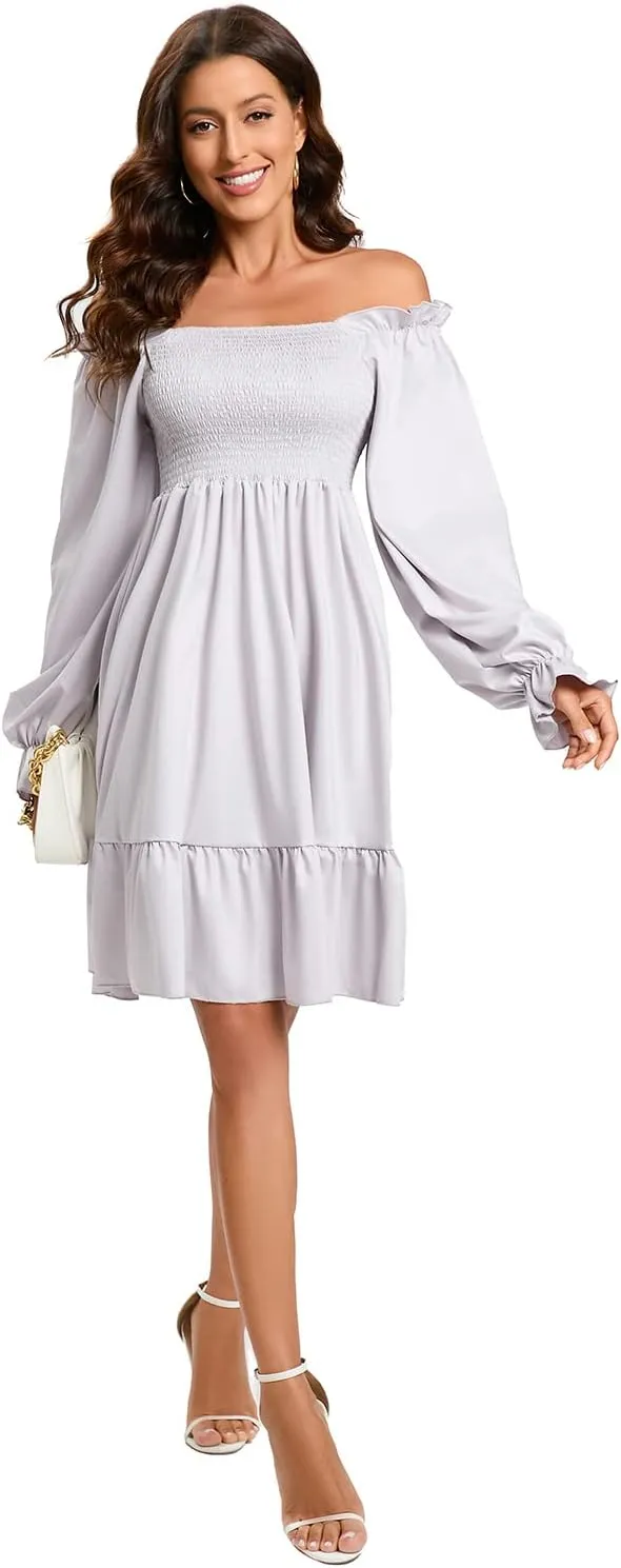 Women's Summer Dresses Square Neck Long Puff Sleeve Flowy A Line Casual Shirred Ruffle Mini Dresses